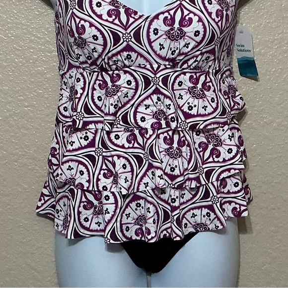 Swim Solution Ruffled Purple & White Patterned One Piece Swimsuit - Picture 3 of 4